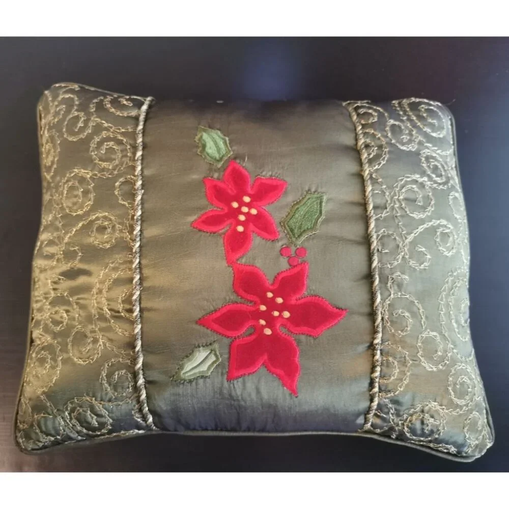 Poinsettia Vintage Green Satin Throw Pillows 13